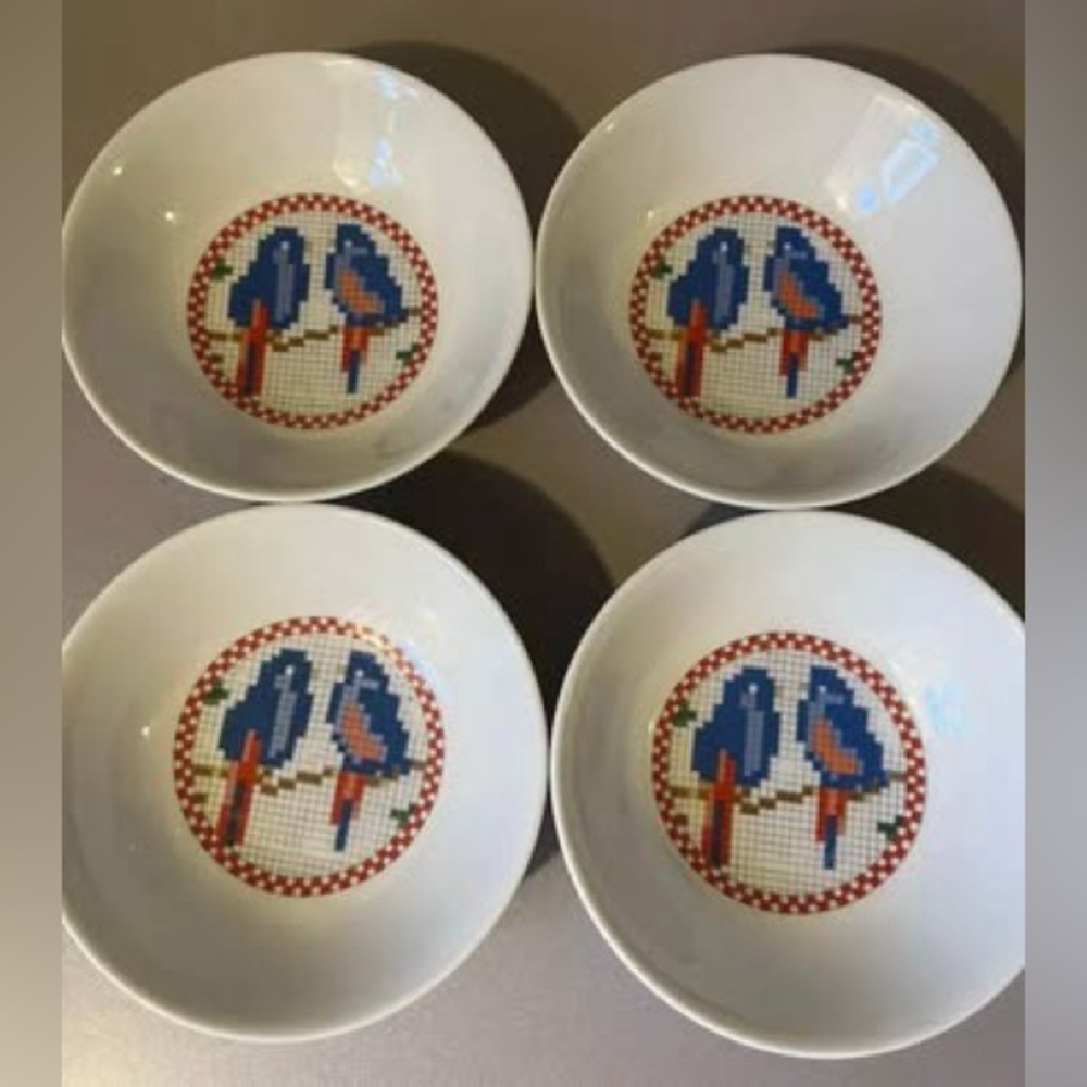 1984 Herman Dodge & Sons Cross Stitch Parrot Cereal Bowls (4)